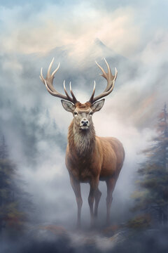 Deer in the woods surrounded by morning fog. Stunning photoreal fine art generated by Ai. Is not based on any specific real image or character