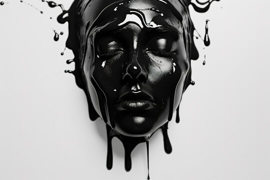 Abstract human face appears from the puddle of black liquid on the white wall. Generative art
