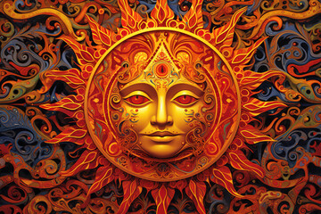 The Sun. Medieval style illustration of the sun. Generative art