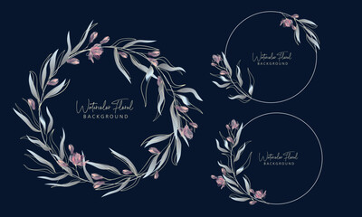 frame with flowers. Watercolor background with leaves. Floral foliage for art or card template.