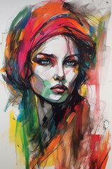 Colorful hand drawn portrait of a beautiful woman with color accents. Generative art