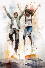 Happy heterosexual couple on the jump. Beautiful sensual painting generated by Ai. Is no based on any specific image or characters