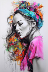 Fototapeta premium Colorful hand drawn portrait of a beautiful woman with color accents. Generative art
