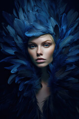 Gorgeous fashion model portrait surrounded by dark blue feathers. Glamour portrait generated by Ai. Is not based on any specific real image or character