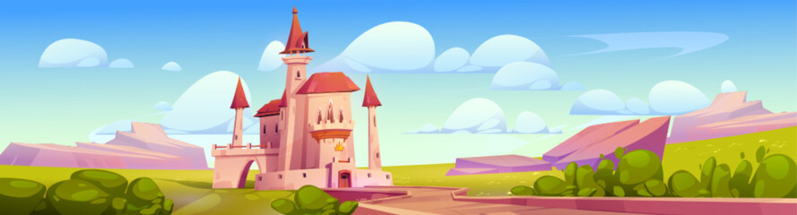 Cartoon fairy tale medieval castle vector kingdom landscape background. Path to princess palace fairytale fantasy game illustration. Road to magic nobility chateau with gate and tower in green valley © klyaksun
