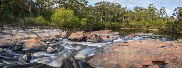Panorama of Cascade and River Running Through Forest