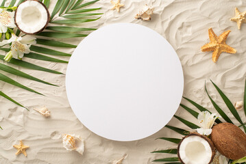 Fototapeta na wymiar Embrace the vibes of summer holidays with a stunning top view scene: shells, starfish, palm leaves, coconut, exotic flowers set against sandy shore backdrop, complete with empty circle for text or ad