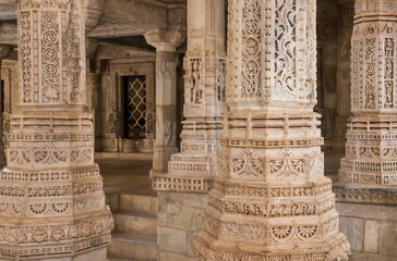 Intricate architecture of historic Jain temple in Ranakpur, Rajasthan, India. Built in 1496.