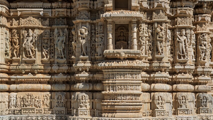 Intricate architecture of historic Jain temple in Ranakpur, Rajasthan, India. Built in 1496.