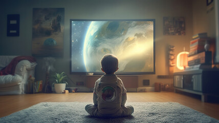 Little boy wearing space suit sits in front of tv. Generative art