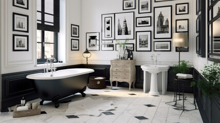 A chic bathroom with a touch of sophistication, boasting a gallery wall of black and white photo frames that exude timeless charm. Generative AI