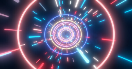 Abstract multi-colored energy futuristic hi-tech tunnel of flying circles and lines neon magic glowing background