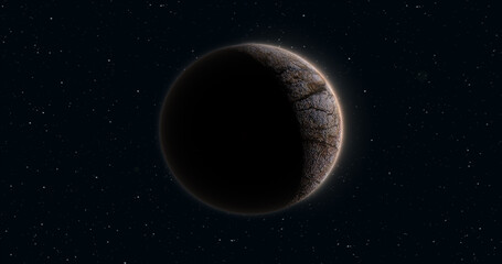 Abstract realistic space planet round sphere with a stone relief surface in space against the background of stars © Bolbik