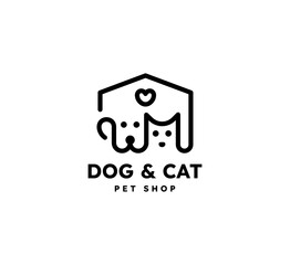 Home pets Logo dog cat design vector template Linear style. Animals Veterinary clinic Logotype concept outline icon.