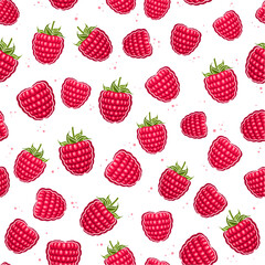 Vector Raspberry Seamless Pattern, repeat background with cut out illustration of ripe whole raspberries with green leaves for wrapping paper, collection of flat lay raspberry fruits for home interior