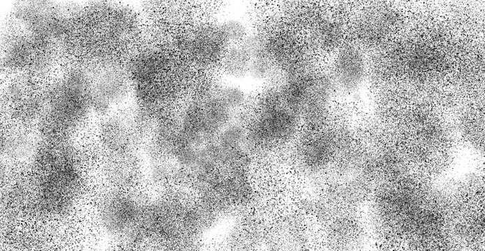 Seamless distressed black paint specks or dust and smudge speckles on white dirty urban grunge background texture. Monochrome isolated noise and grain old photo pattern  effect. Png file.