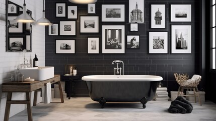 Fototapeta na wymiar A chic bathroom with a touch of sophistication, boasting a gallery wall of black and white photo frames that exude timeless charm. Generative AI