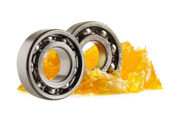 Grease and ball bearing  isolated on white background, lithium machinery lubrication for automotive...