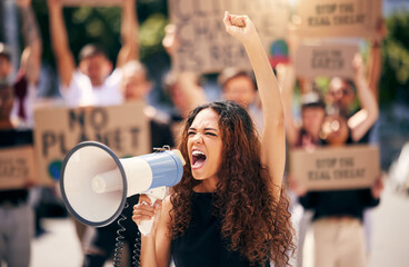 Woman, megaphone and shouting with protest crowd, change or environment justice in city. Bullhorn,...
