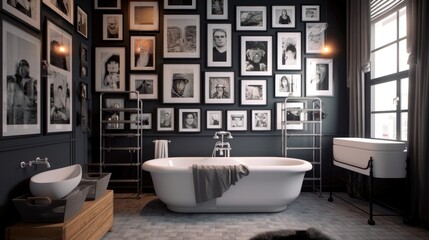 Fototapeta na wymiar A chic bathroom with a touch of sophistication, boasting a gallery wall of black and white photo frames that exude timeless charm. Generative AI