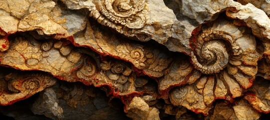 Fossilized ammonite sea shell spirals embedded into rustic brown red desert sandstone rock. Ancient prehistoric layered and ridged stone texture with detailed surface patterns - generative ai