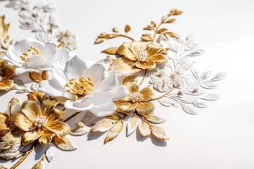 Elegant golden flower embroidery elements. Generative AI illustration