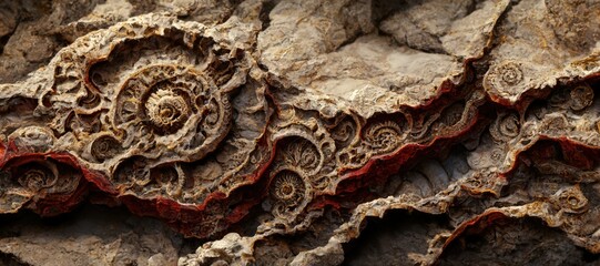 Fossilized ammonite sea shell spirals embedded into rustic brown red desert sandstone rock. Ancient prehistoric layered and ridged stone texture with detailed surface patterns - generative ai