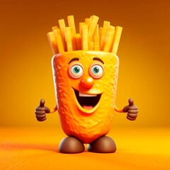 Cartoon character fries 3d illustration vector. Funny fries character render.
Fried potatoes fast food. Fast food advertisement. French fries toy.