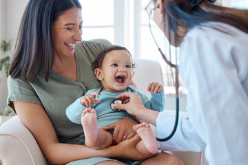 Mother, baby and stethoscope of pediatrician for healthcare consulting, check lungs and breathing for heartbeat. Doctor, happy infant kid and chest assessment in clinic, hospital and medical analysis - obrazy, fototapety, plakaty