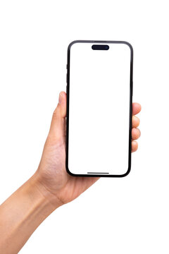 Mockup Iphone Hand - Clipping Path , Studio Shot Of Smartphone IPhone 14 Pro Max With Blank Phone Screen For Infographic Global Business Web Site Design App Ios : Bangkok, Thailand - MAR 13, 2022	
