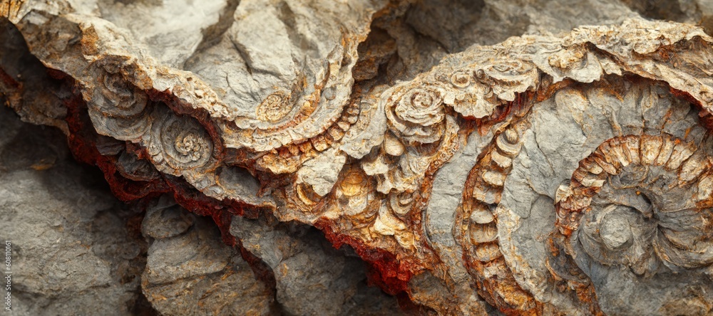 Sticker Fossilized ammonite sea shell spirals embedded into rustic brown red desert sandstone rock. Ancient prehistoric layered and ridged stone texture with detailed surface patterns - generative ai