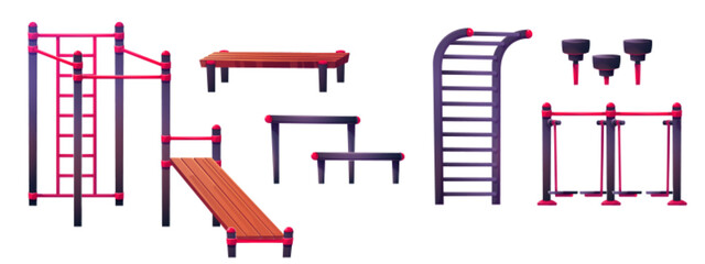Outdoor street gym in park with fitness equipment for workout and training cartoon vector training isolated set. Adult sports icon with wooden bench, ladder and red metal illustration collection