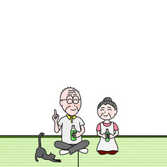 仲の良いシニア夫婦の会話と伸びをする猫