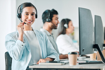 Woman, call center and microphone in portrait with smile, consulting and customer service agency in office. Girl, telemarketing agent and pride for job, contact us and happy at tech support help desk
