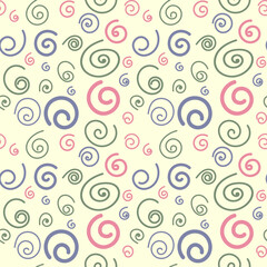 Abstract seamless pattern with colored coils on a white background. Falling spinning ovals. Vector textured illustration for festive wrapping paper, textiles or wallpaper