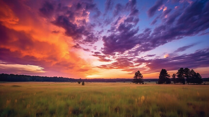Obraz premium Sunset over a grass meadow