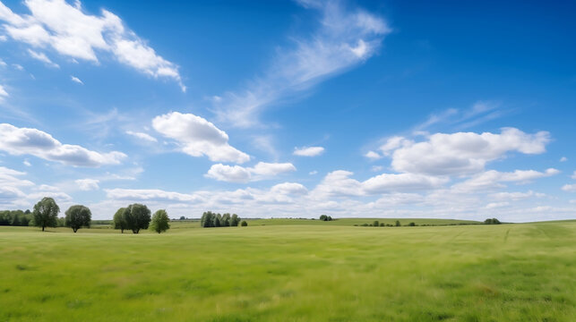 Lanscape with a green meadow, blue sky and white clouds