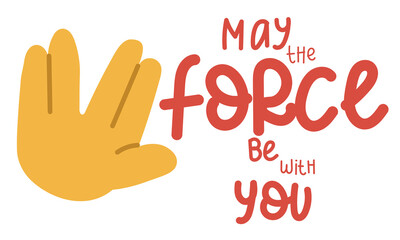 A banner with an illustration of a large cartoon hand, which depicts a space greeting sign. The index, middle and ring fingers connected with the middle greeting sign. Space adventures. Inspiring