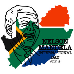 Nelson Mandela International Day. Stock vector illustration. Contour portrait of a laughing man against the background of the flag and the outline of South Africa. Rights, strength, victory, equality