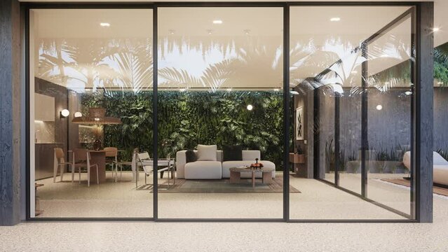 Modern spacious living room in apartment or large residential building with white sofa and dining area surrounded by glass transparent panes and green plants with gradual frame zoom. Interior design.