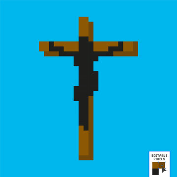 Symbol of Jesus Christ on the cross. Crucifixion. Religious image. Christian cross. Catholic symbology. Pixel art. 8 Bit.