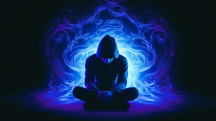 a person sitting alone in a dark room, Surrounding them is a glowing outline that represents their activated immune system as swirling energy in shades of blue Generative AI