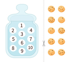 Counting educational children game, math kids activity sheet. Put the cookies in the jar in the right place.

