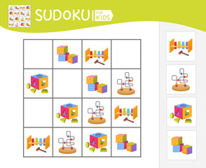 Sudoku game for children with pictures. Kids activity sheet. Vector illustration of cartoon toys.
