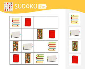 Sudoku game for children with pictures. Kids activity sheet. Vector illustration of cartoon books.