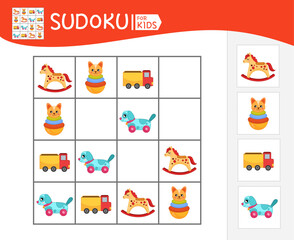 Fototapeta premium Sudoku game for children with pictures. Kids activity sheet. Vector illustration of cartoon toys. 
