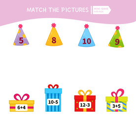 Fototapeta na wymiar Counting educational children game, math kids activity sheet. Match gifts and party hats. 