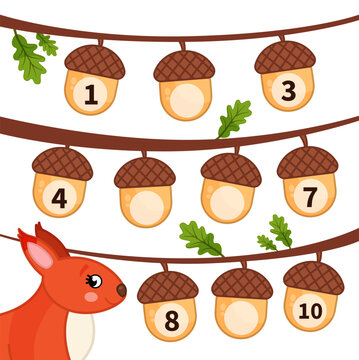 Counting educational children game, math kids activity sheet. Have the squirrel fill in the missing numbers in the acorns.
