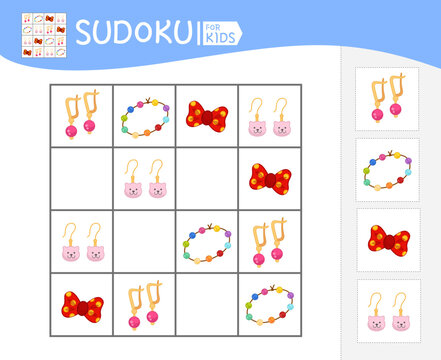 Sudoku game for children with pictures. Kids activity sheet. Vector illustration of cartoon jewelry for girls.

