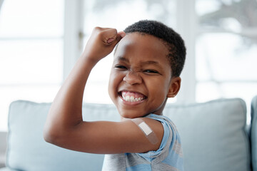 African boy kid, vaccine and portrait with smile, medicine and flex muscle for wellness in...